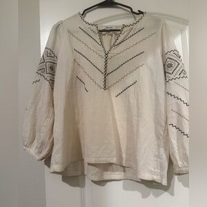 Madewell Cream Blouse with Black and Tan Embroidery